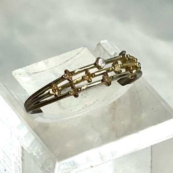 Anthropologie Three Split Shank Triple Band Prong Set Rhinestone Ring Gold-tone - Picture 2 of 4